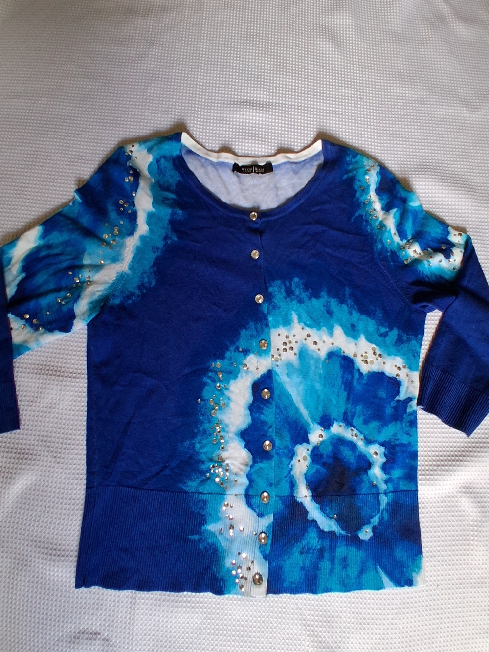 White House Black Marquet Blue Tie-Dye Button Cardigan With Rhinestones And Snap